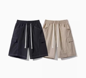 Men Solid Color Cargo Shorts Mid Waist Drawstring Elastic Waist <b>Canvas</b> Fabric Casual Style Breathable Bermuda Shorts - Product Image 3