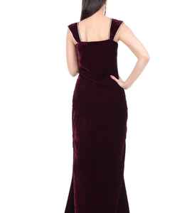Robe longue en velours bordeaux de luxe moderne |   Robe de soirée élégante longue jusqu'au sol |   Robe en velours sans manches avec bretelles ornées - Product Image 3