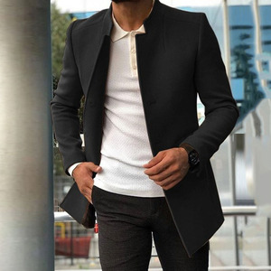 Men's Blue Mandarin Collar Shirt <b>Jacket</b> Slim Fit <b>Smart</b> Casual Polyester Blazer Spring Wear Regular Sleeve Solid Color - Product Image 6