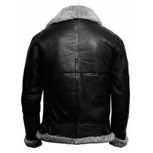 Chaqueta de Cuero Negra para Hombre con Cuello de Piel Gris, Abrigo de Invierno de Piel de Oveja Genuina, Forro Polar Cálido, Estilo Aviador - Product Image 2