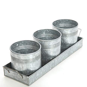 Ensemble de 3 pots galvanisés avec plateau, style ferme, pour fleurs - Product Image 1