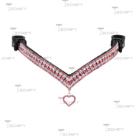 Luxe - Bandeau de tête de cheval en cuir en forme de V avec cristaux, double rangée de strass, breloque cœur, taille et couleur personnalisables MS