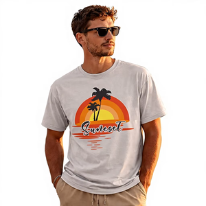 Camiseta Gráfica Negra Oversize para Hombre, Estampado de Atardeceres y Playa, Algodón, Estilo Urbano, Casual, Holgada, con Logo Personalizado - Product Image 1