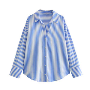 Camisa informal elegante para mujer, de mezcla de algodón a rayas, con botones, manga larga y corte holgado - Product Image 2