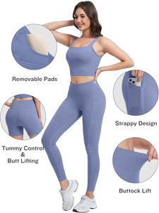 Women's Medium <b>Support</b> Scoop Neck Yoga Bra Spaghetti Strap Contrast Binding Eco-Friendly Four-Way Stretch <b>Crop</b> <b>Top</b> Front - Product Image 5
