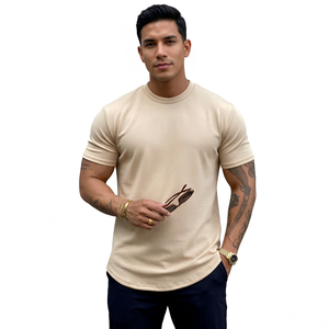 Camiseta de Manga Corta para Hombre, Cuello Redondo, Color Beige, Corte Ajustado, Color Sólido, Informal, de Algodón Tejido - Product Image 3