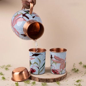 Colorful Floral Copper <b>Bottle</b> and Tumbler Set Artistic Ayurvedic Drinkware for Home Dining Travel and Gifting Use - Product Image 4