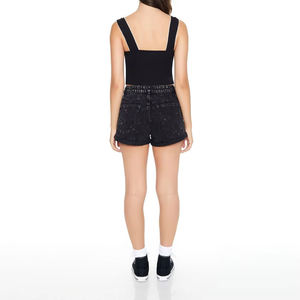 Shorts pour femmes les plus vendus, vêtements de sport, shorts en denim noir de haute qualité, écologiques, taille haute, avec poches à rabat, logo personnalisé OEM - Product Image 2