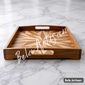 Bandeja de Servir Moderna Hecha a Mano de Madera de Acacia con Incrustaciones Geométricas en Forma de Estrella, Diseño Rectangular y Asas - Product Image 2