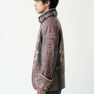 Hand Embroidery Eye Pattern Mandarin Collar Zipper Closure Streetwear Style Autumn Wear Men's <b>Real</b> <b>Leather</b> <b>Jacket</b> - Product Image 4