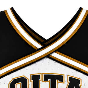Haut court de cheerleading sans manches noir, blanc et or pour femme, col en V, uniforme de performance athlétique pour équipe, tenue de compétition sportive - Product Image 6