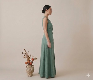 Robe d'été artisanale en lin tissé, col en V, sans manches, couleur unie, respirante, taille naturelle, style vintage, tenue décontractée - Product Image 4