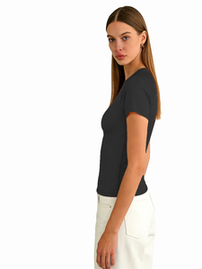 Women's Black Slim Fit Crew Neck T-Shirt Custom Logo Printed Casual Short Sleeve Woven Solid Design Premium Summer - Product Image 6