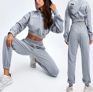 Ensemble sweat à capuche court et pantalon de jogging en velours rose, fermeture éclair intégrale, manches longues, coupe ample, ensemble décontracté deux pièces pour femme - Product Image 6