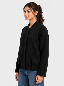 Premium <b>Women's</b> <b>Black</b> Bomber Jacket Soft Cotton Fleece Casual Outerwear Minimalist Front Placket Design Hidden Snap Button - Product Image 2