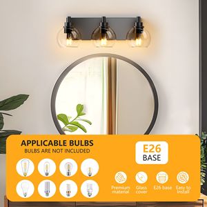 Lampada da Bagno Moderna a 3 Luci con Paralume in Vetro Trasparente e Base in Metallo Nero Opaco per Installazione Sopra lo Specchio - Product Image 6