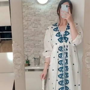 White Rayon Cotton Hand-Embroidered <b>Long</b> Maxi <b>Dress</b> Teal Blue Floral Resham Embroidery <b>Boho</b>-Chic Embroidered Tunic <b>Dress</b> - Product Image 1