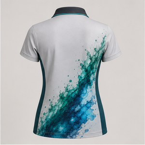 Polo Personalizado para Mujer en Color Gris Claro y Verde Azulado con Diseño de Salpicaduras de Acuarela, de Secado Rápido, Transpirable, Manga Corta, Uniforme de Golf de Alto Rendimiento WPS-0885 - Product Image 2