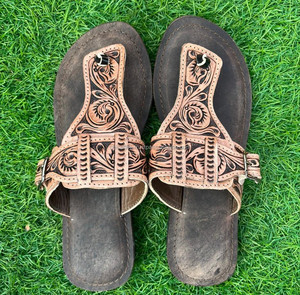 Western Fashion Customizable Hand-Tooled <b>Leather</b> Boho Sandals for Women Genuine <b>Leather</b> Floral Design Outdoor Flipflop Footwear - Product Image 2