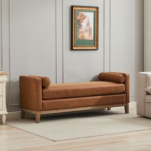 Elegant 66.34\" Upholstered BenchDaybed in Oak with Wood Legs 2 Bolster Pillows <b>End</b> <b>Bed</b> Bedroom Living Room Furniture" - Product Image 5