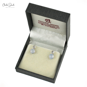 Natural Blue Chalcedony & Rainbow Moonstone Round Gemstone <b>Studs</b> in 925 Sterling <b>Silver</b> Push Back Earrings at Factory Cost - Product Image 6