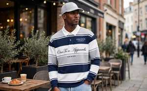 <b>Men's</b> Navy Grey Striped <b>Long</b> <b>Sleeve</b> Polo <b>Shirt</b> <b>White</b> Collar Button Front Casual Top - Product Image 6