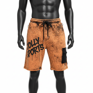 Pantalones Cortos de Algodón Pesado con Lavado Ácido para Hombre, 280 GSM, Tela de Felpa Suave Premium, Panel con Parche Marrón, Logotipo Personalizado - Product Image 1