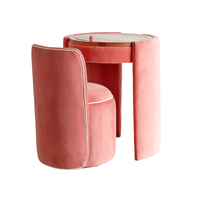 Coiffeuse rose velours avec miroir, table de toilette ronde rembourrée et chaises, ensemble couleur personnalisée, fournisseur de luxe moderne en bois de chêne