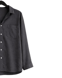 Ensemble deux pièces en lin noir pour femme, chemise à manches longues boutonnée et pantalon large à taille élastique, tenue décontractée - Product Image 3