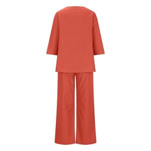 Women's Coral V-neck Two Piece Set <b>Three</b> <b>Quarter</b> Sleeve Loose Fit Casual Solid Color Breathable Woven <b>Pants</b> With Buttons - Product Image 2