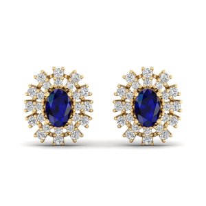 Boucles d'oreilles clous REYES au design classique en or massif 14 carats avec moissanite et saphir bleu de 1 carat, taille ovale, faites à la main - Product Image 2
