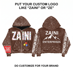 Premium 400 GSM Cotton <b>Fleece</b> <b>Brown</b> Full Zip Hoodie Rhinestone Design Custom Embroidery Print Logo OEM ODM - Product Image 1