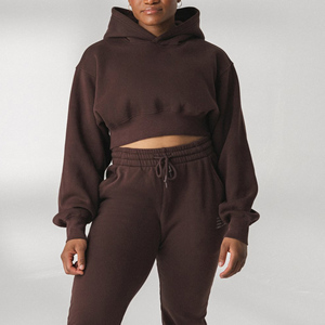 Women's Fleece Cropped Pullover Hoodie Peach <b>Pink</b> Front Pocket Matching Sweatpants <b>Tracksuit</b> Set - Product Image 4