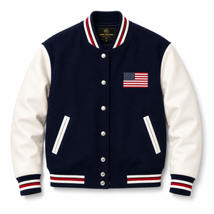 Furat <b>Leathers</b> USA Flag Varsity <b>Jacket</b> <b>Leather</b> Patch Windproof Breathable Winter Zipper Closure Casual Stand Collar <b>Men</b> - Product Image 1