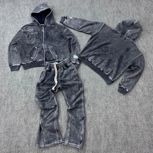 Conjunto de Chándal Holgado de Estilo Urbano con Sudadera con Capucha de Cremallera Completa y Pantalones Acampanados, de Tejido Grueso, con Lavado Ácido y Bajo sin Rematar, Estilo Vintage, Última Colección 2026 - Product Image 1