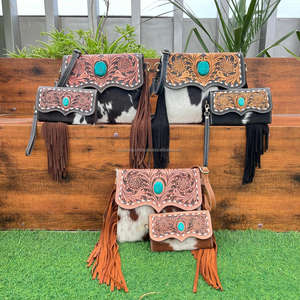 2025 Hot Sale 2 Piece bag Set Vintage Design Hand Tooled Cowhide Leather <b>Handbag</b> & Hand Tooled Cowhide Leather Clutch for Women - Product Image 6