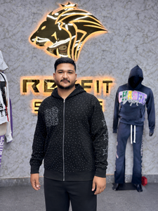 Men's Custom Made <b>Black</b> Rhinestones Pattern Zip-Up <b>Hoodie</b> With Front Logo And Star Sleeve Design Casual Streetwear Sweatshirt - Product Image 6