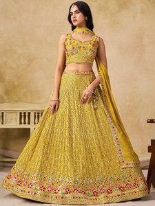 Custom <b>Women</b> Indian Traditional Haldi Wear Georgette Flared <b>Lehenga</b> Choli Heavy Resham Sequins Work Sleeveless Blouse Ready - Product Image 5