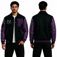 Blouson universitaire pour homme en laine noire avec manches en cuir violet, patch en chenille, patchwork sur le devant, style baseball, pour l'hiver