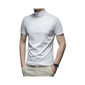 <b>Men's</b> <b>Black</b> Short Sleeve <b>Turtleneck</b> Pullover Knitted Breathable Summer Top Regular Fit Solid Color Polyester Shirt - Product Image 2