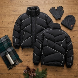 Veste d'hiver pour homme en duvet noir avec surpiqûres réfléchissantes, col montant, fermeture éclair intégrale, veste d'extérieur isolée - Product Image 6