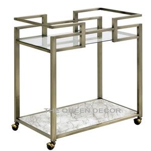 Chariot de service rectangulaire en acier inoxydable avec plateau en verre et marbre, style américain, pour la maison et le salon - Product Image 1