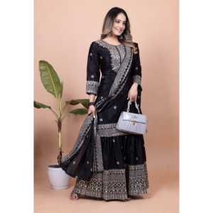 Ensemble de costume pour femme de créateur avec broderie de séquence Sharara et Dupatta - Product Image 3