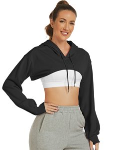 <b>Women's</b> <b>Black</b> 100% Cotton Winter Printed Crop Hoodie <b>Long</b> <b>Sleeve</b> Pullover Hooded Sweatshirt Casual Short <b>Top</b> with Front Logo - Product Image 3
