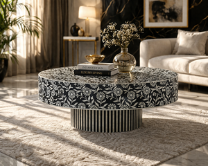 <b>Round</b> Coffee <b>Table</b> Decorative Wooden Accent Center <b>Table</b> Black and <b>White</b> Floral Inlay Living Room Furniture - Product Image 4
