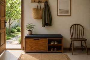 Banco de almacenamiento de madera de estilo moderno de mediados de siglo con cojín superior y estantes abiertos para muebles de sala de estar - Product Image 5