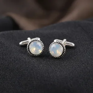 Ensemble de boutons de manchette élégants et tendance 2026 en opale blanche laiteuse, bijoux en argent sterling 925 plaqué pour usage unisexe - Product Image 2