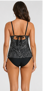 Ensemble de maillots de bain tankini fleuris pour femmes, haut court froncé et bas hipster, imprimé feuilles noir rose blanc, confortable et extensible, pour la plage et la piscine - Product Image 5