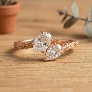 <b>Boho</b> Style Oval And Pear Cut Lab Grown Toi Et Moi Diamond Solitaire Engagement <b>Ring</b> Solid Gold Prong Set Vintage Wedding <b>Ring</b> - Product Image 3