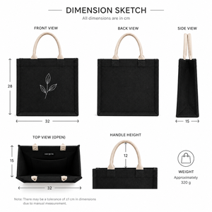 Sac fourre-tout en jute noir avec broderie de feuilles, poignée en corde torsadée, taille moyenne, ouverture supérieure - Product Image 2